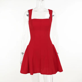 Vestido Vermelho Mini Vinho Plissado com Gola Quadrada