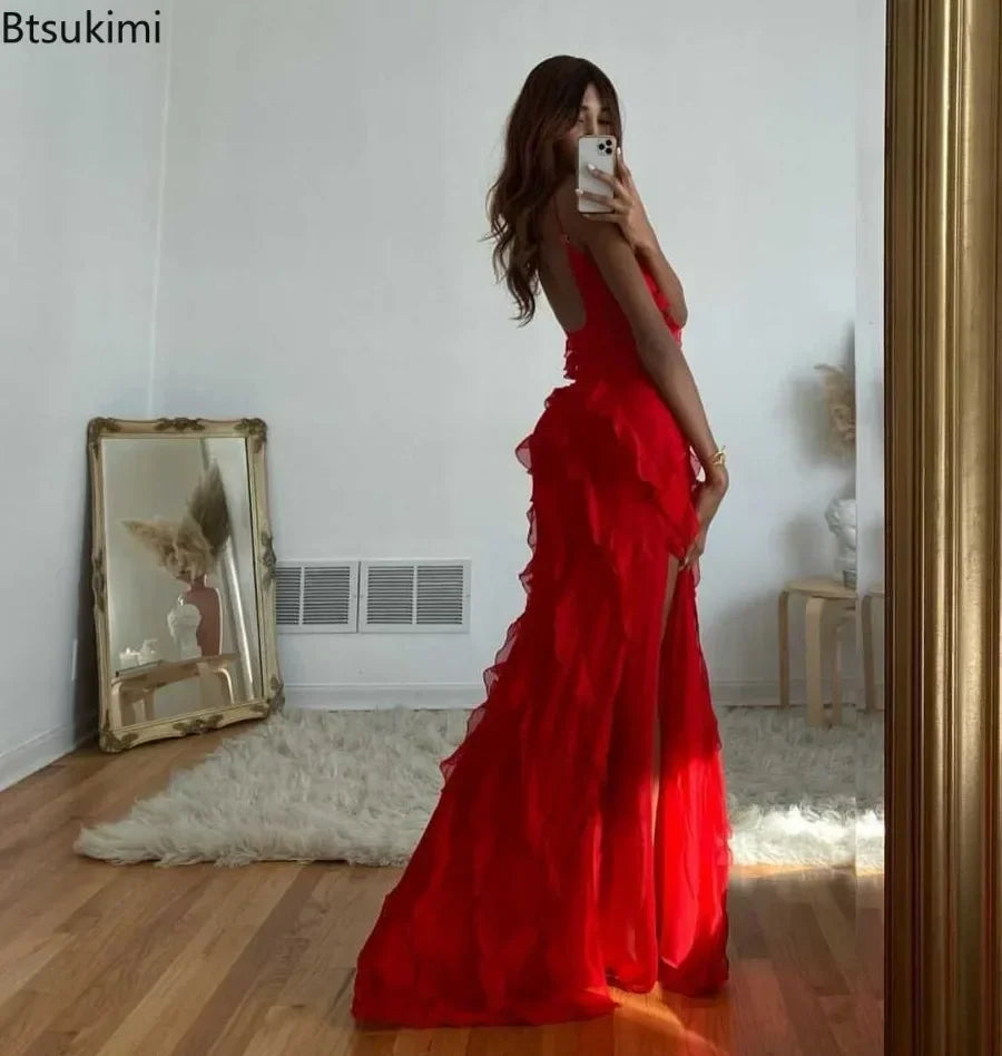 Vestido Maxi Chiffon Vermelho com Babados Elegante