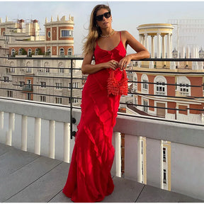 Vestido Longo Vermelho de Chiffon com Babados