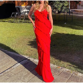 Vestido Maxi Chiffon Vermelho com Babados Elegante