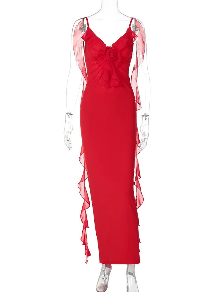 Vestido Longo Sexy com Decote em V Vermelho