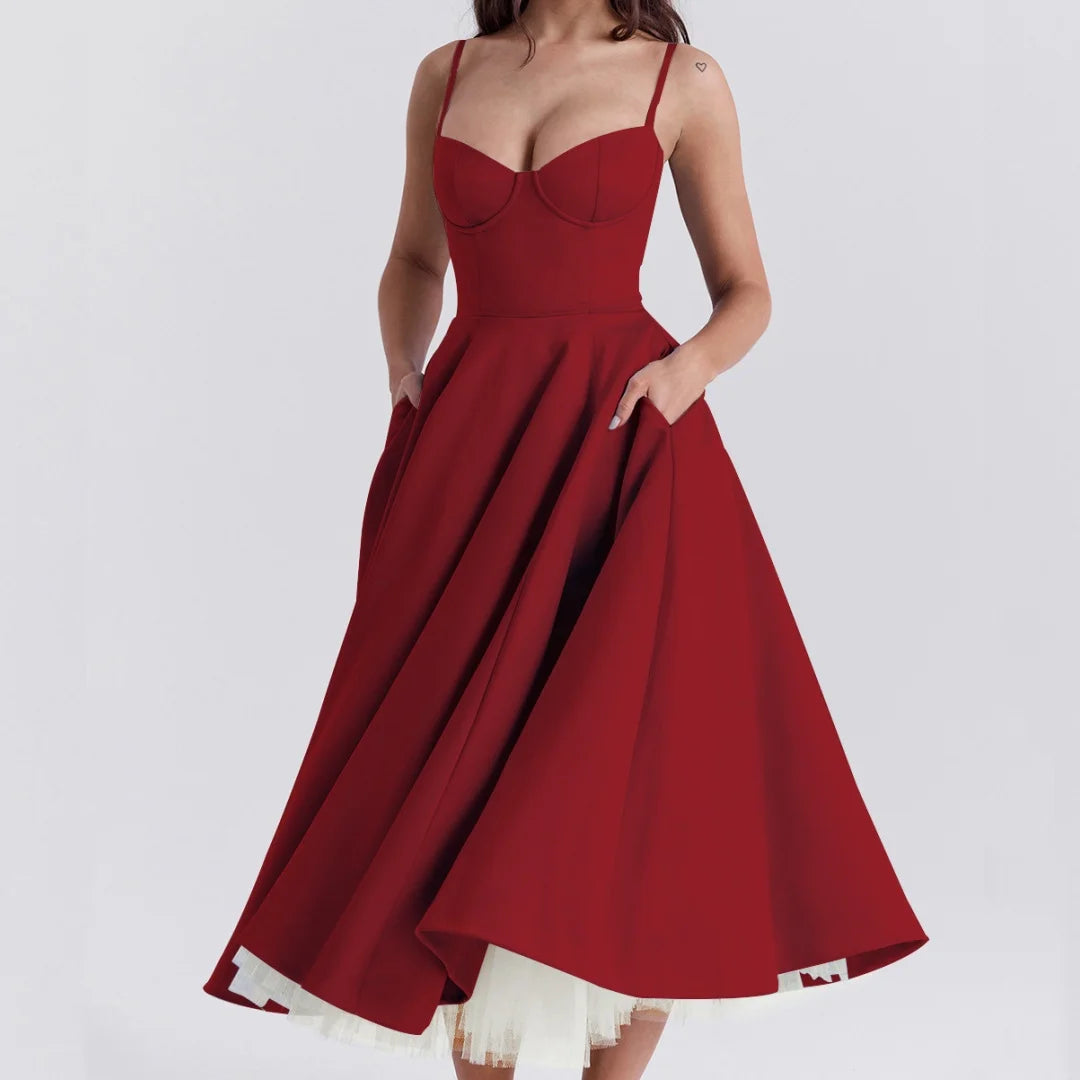 Vestido Maxi Vermelho Elegante com Decote V e Cintura Alta