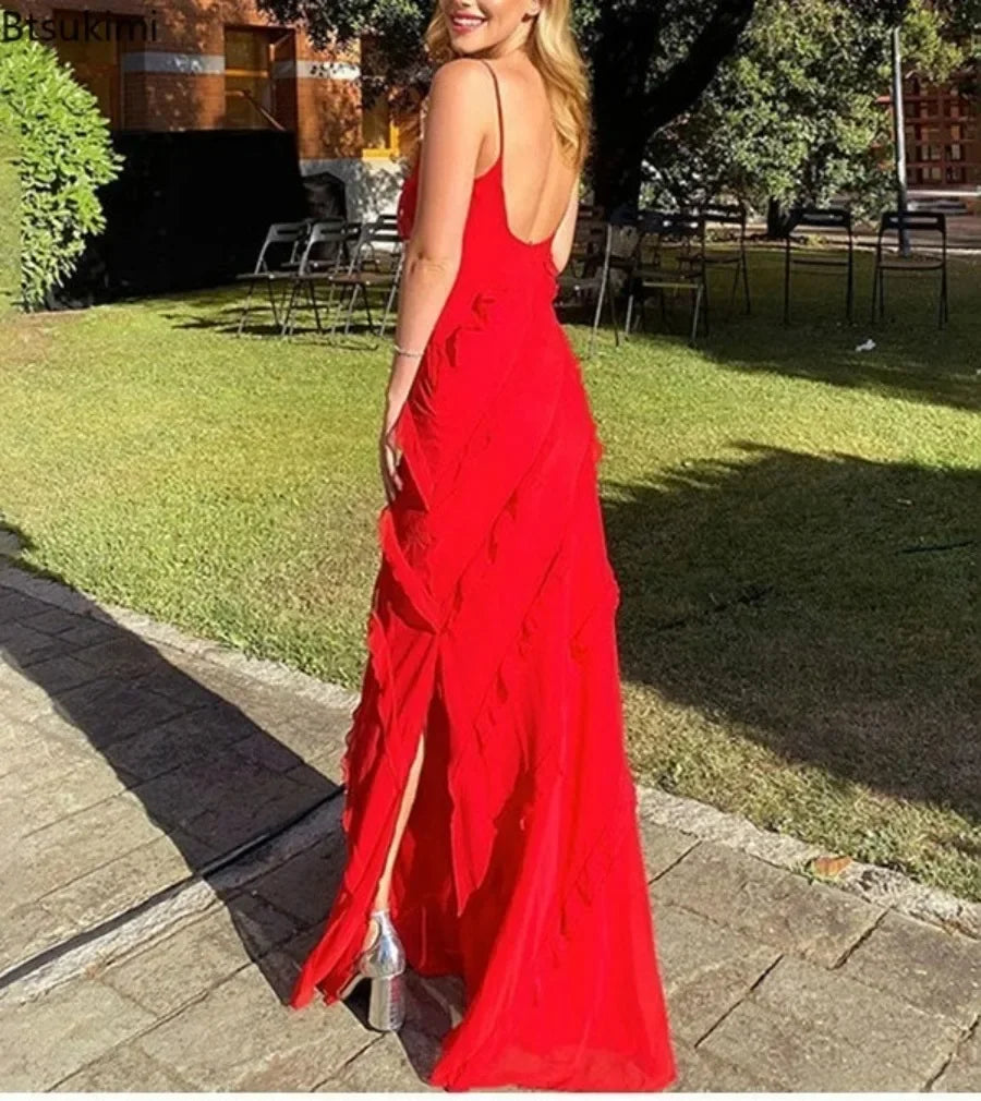 Vestido Maxi Chiffon Vermelho com Babados Elegante