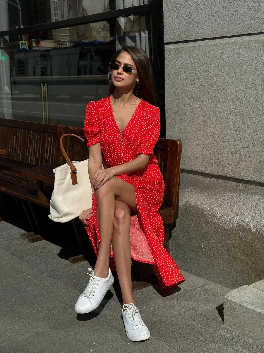 Vestido Longo Elegante de Bolinhas Vermelho