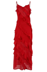 Vestido Maxi Chiffon Vermelho com Babados Elegante