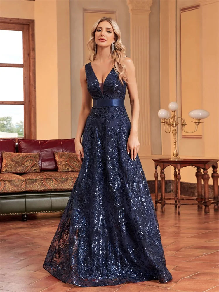 Vestido Luxuoso de Lantejoulas com Decote V