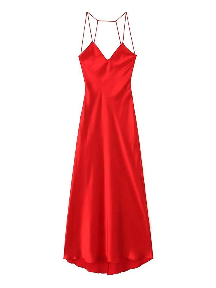 Vestido Longo de Cetim Vermelho com Alças em V