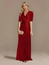 Vestido Maxi Vermelho Luxuoso com Decote em V e Lantejoulas