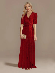 Vestido Maxi Vermelho Luxuoso com Decote em V e Lantejoulas