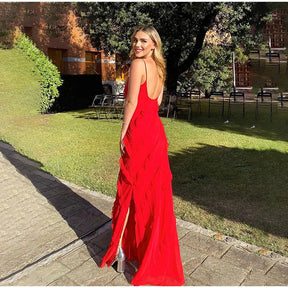 Vestido Longo Vermelho de Chiffon com Babados