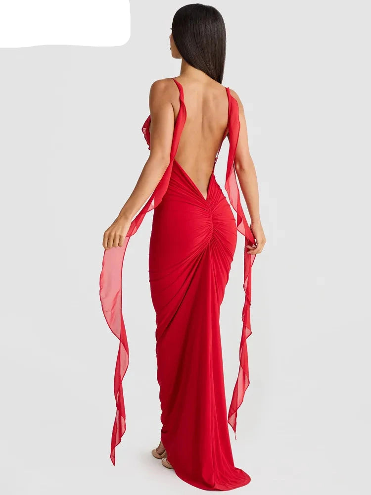 Vestido Longo Sexy com Decote em V Vermelho