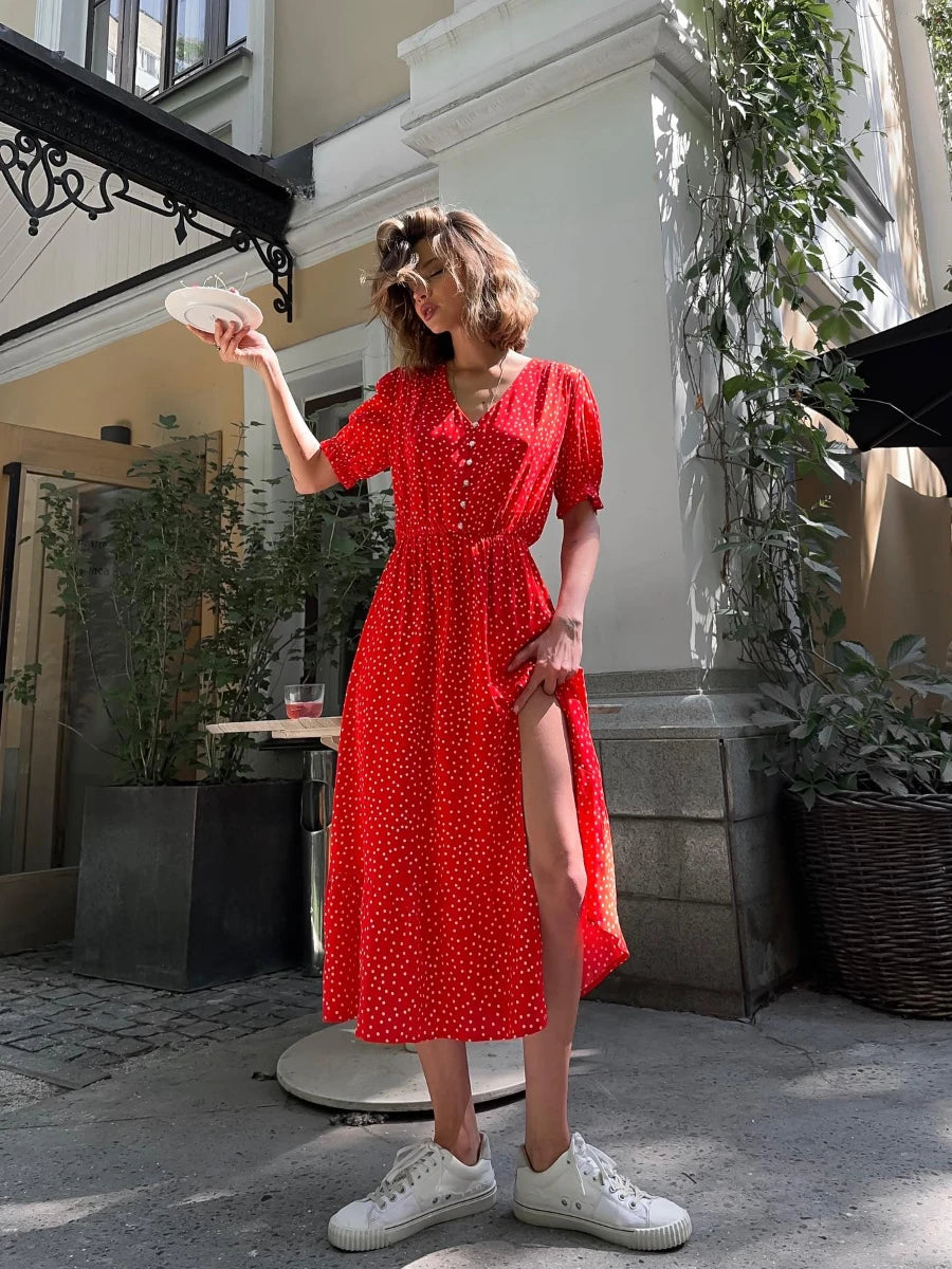 Vestido Longo Elegante de Bolinhas Vermelho