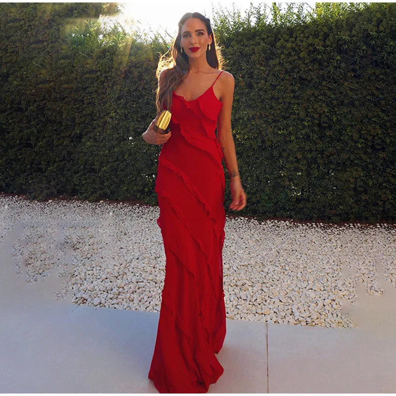 Vestido Longo Vermelho de Chiffon com Babados