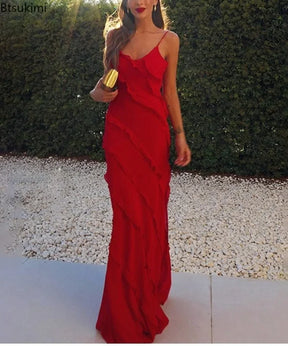 Vestido Maxi Chiffon Vermelho com Babados Elegante